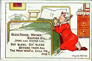 Spinster: Comic postcard, Old maid saying her prayers