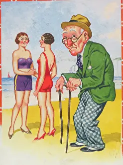 Impotence: Comic postcard, Old man with pretty women on the beach
