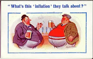 Paunch: Comic postcard, Overweight men in pub discuss inflation