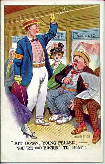 Feller: Comic postcard, passengers on underground train, WW1