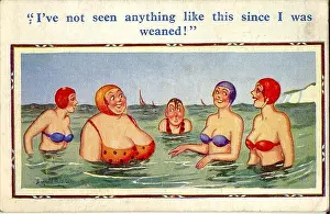 Weaning: Comic postcard, Five people bathing in the sea