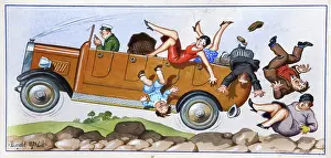 Bumpy: Comic postcard, People falling out of car on bumpy ride