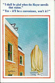 Unveil: Comic postcard, Two pigeons wait for statue unveiling