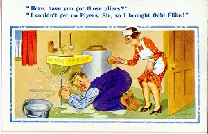 Plumbing: Comic postcard, Plumber and maid in kitchen