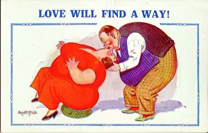 Pouffe: Comic postcard, Plump couple kissing
