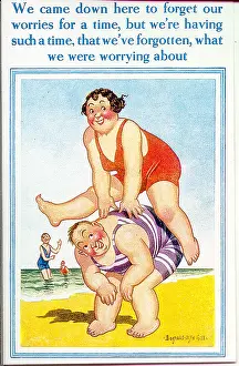 Leapfrogging: Comic postcard, Plump couple leapfrogging on the beach