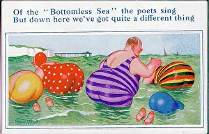 Bottomless: Comic postcard, Plump holidaymakers in the sea
