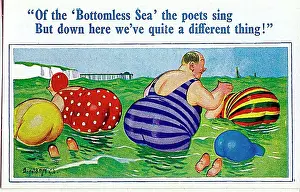 Bottomless: Comic postcard, Plump holidaymakers in the sea
