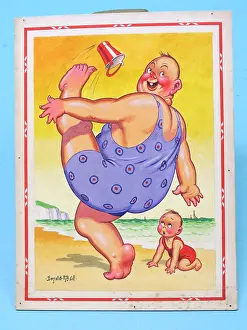 Rheumatism: Comic postcard, Plump man on the beach