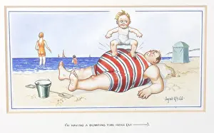 Trampoline: Comic postcard, Plump man and boy on the beach