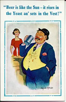 Yeast: Comic postcard, Plump man drinking in pub