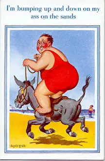 Bumping: Comic postcard, Plump man riding donkey on beach