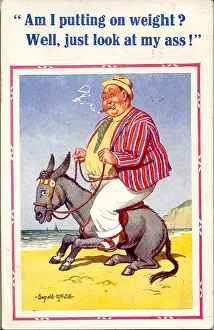 Comic postcard, Plump man riding donkey on beach