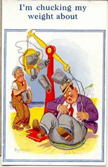 Chucking: Comic postcard, Plump man weighing himself on beach