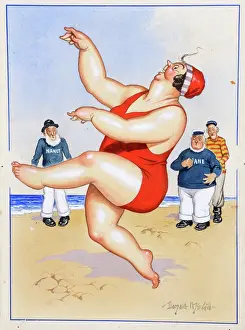 Frolic: Comic postcard, Plump woman dancing on the beach