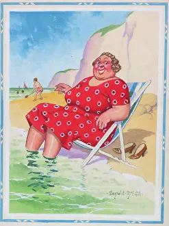 Soak: Comic postcard, Plump woman in a deckchair