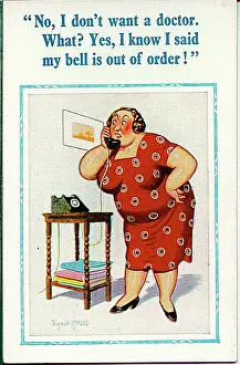 Misheard: Comic postcard, Plump woman on the phone