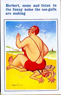 Squashing: Comic postcard, Plump woman sitting on man on beach
