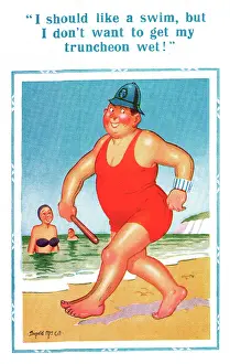 Comic postcard, policeman on the beach