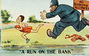 Phrase: Comic Postcard - Policeman chases illegal bather