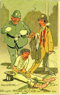 Drunks: Comic postcard, Policeman and two drunks in the street