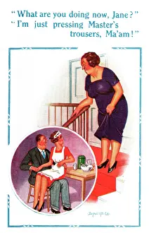 Frump: Comic postcard, Pressing the master's trousers