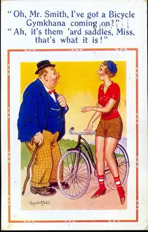 Misunderstanding: Comic postcard, Pretty woman with a bicycle
