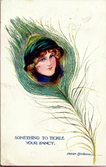Wordplay: Comic postcard, Pretty woman with peacock feather
