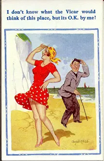 Voyeurism: Comic postcard, Pretty woman and vicar on the beach