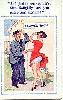 Golightly: Comic postcard, Pretty woman and vicar at flower show