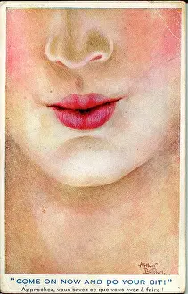 Blushing: Comic postcard, Pretty woman's lips, WW1