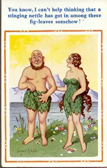 Nettle: Comic postcard, Primitive couple in fig leaves