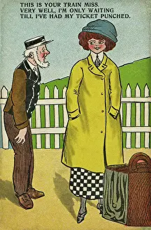 Naive: Comic postcard, railway station platform