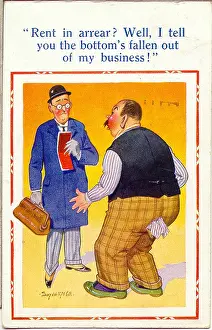 Arrears: Comic postcard, Rent collector and tenant