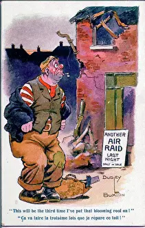 Toolbag: Comic postcard, Roof damaged in air raid, WW1