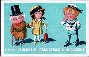 Audacious: Comic postcard, Sailor with elderly man and girl, WW2