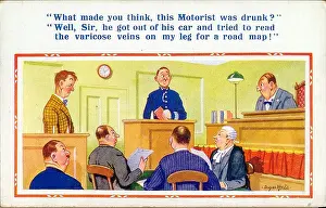 Ashamed: Comic postcard, Scene in a court of law