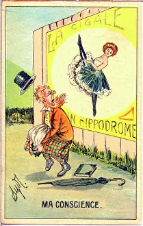 Cigale: Comic postcard, Scotsman aroused by poster