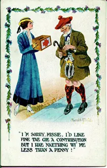 Scotsmen: Comic postcard, Scotsman avoids charity box