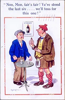 Booze: Comic postcard, Scotsman drinking in a pub