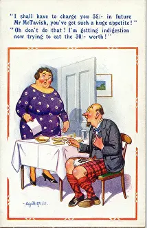 Scotsmen: Comic postcard, Scotsman and landlady