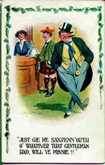 Scotsmen: Comic postcard, Scotsman orders drink in pub