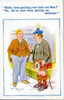 Estimate: Comic postcard, Scotsman outside barber's shop