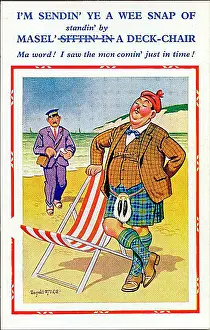 Nonchalant: Comic postcard, Scotsman stands by his deckchair