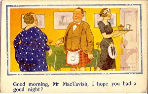 Scotsmen: Comic postcard, Scotsman and waitress at hotel