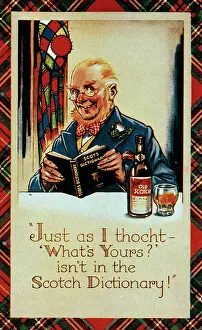 Scotsmen: Comic postcard, Scotsman with whisky and Scots dictionary