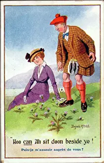Scotsmen: Comic postcard, Scotsman and woman with thistles