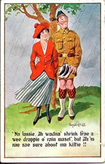 Scotsmen: Comic postcard, Scotsman and young woman in rain