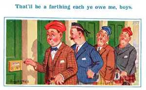 Comic postcard, four Scotsmen spending a penny