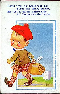 Dialect: Comic postcard, Scottish boy happy to be back in Scotland